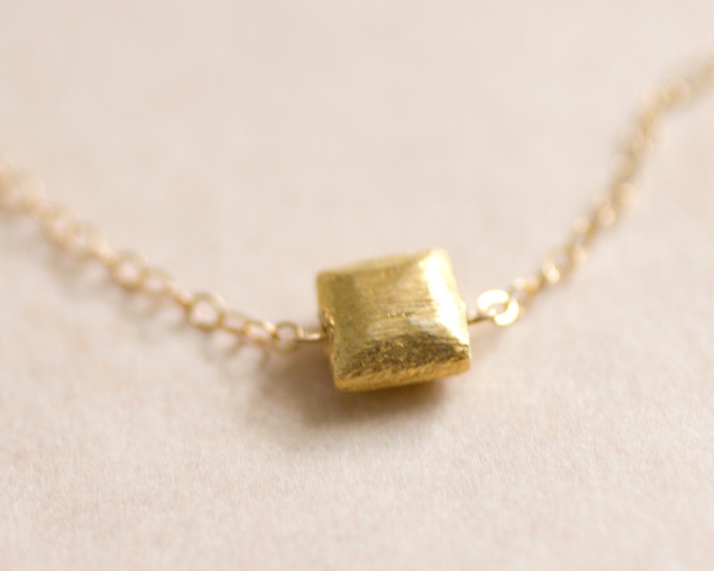 Tiny gold brushed square on gold filled chain necklace - simple everyday jewelry