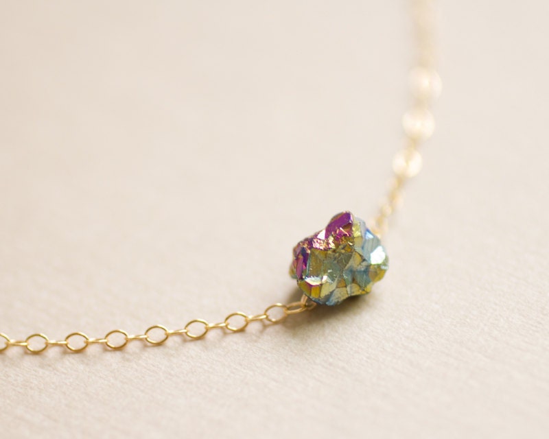 Tiny rainbow drop necklace - raw titanium crystal quartz on gold filled chain - everyday dainty jewelry
