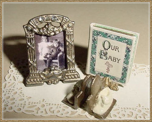 Miniature Baby Record Book, Framed Portrait, Baby Shoe Bookends - One Inch Scale Dollhouse Accessory