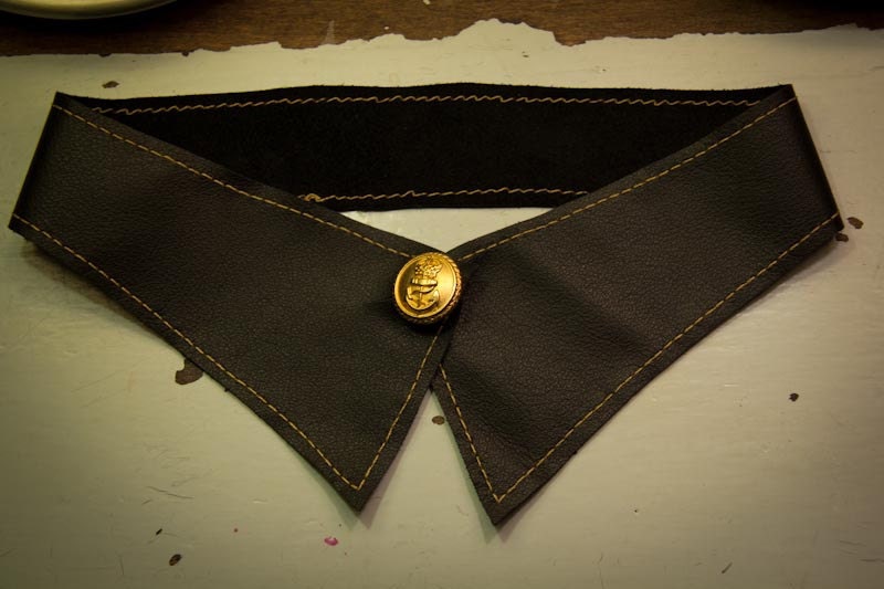 ON SALE. Soft Black Leather 'Peter Pan' Collar with Gold Anchor Button
