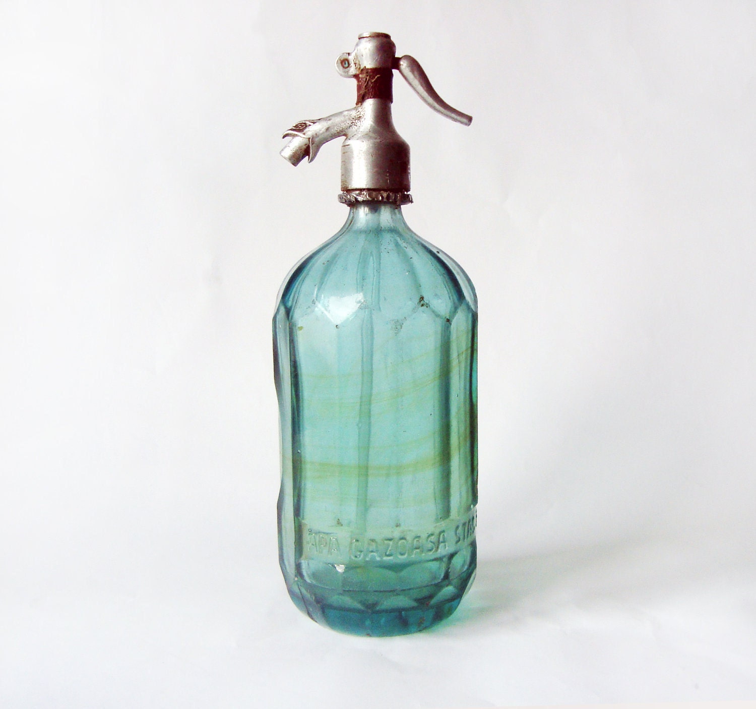 Vintage Light Green Seltzer Bottle - light green Romanian vintage bottle with aluminium top - industrial decor