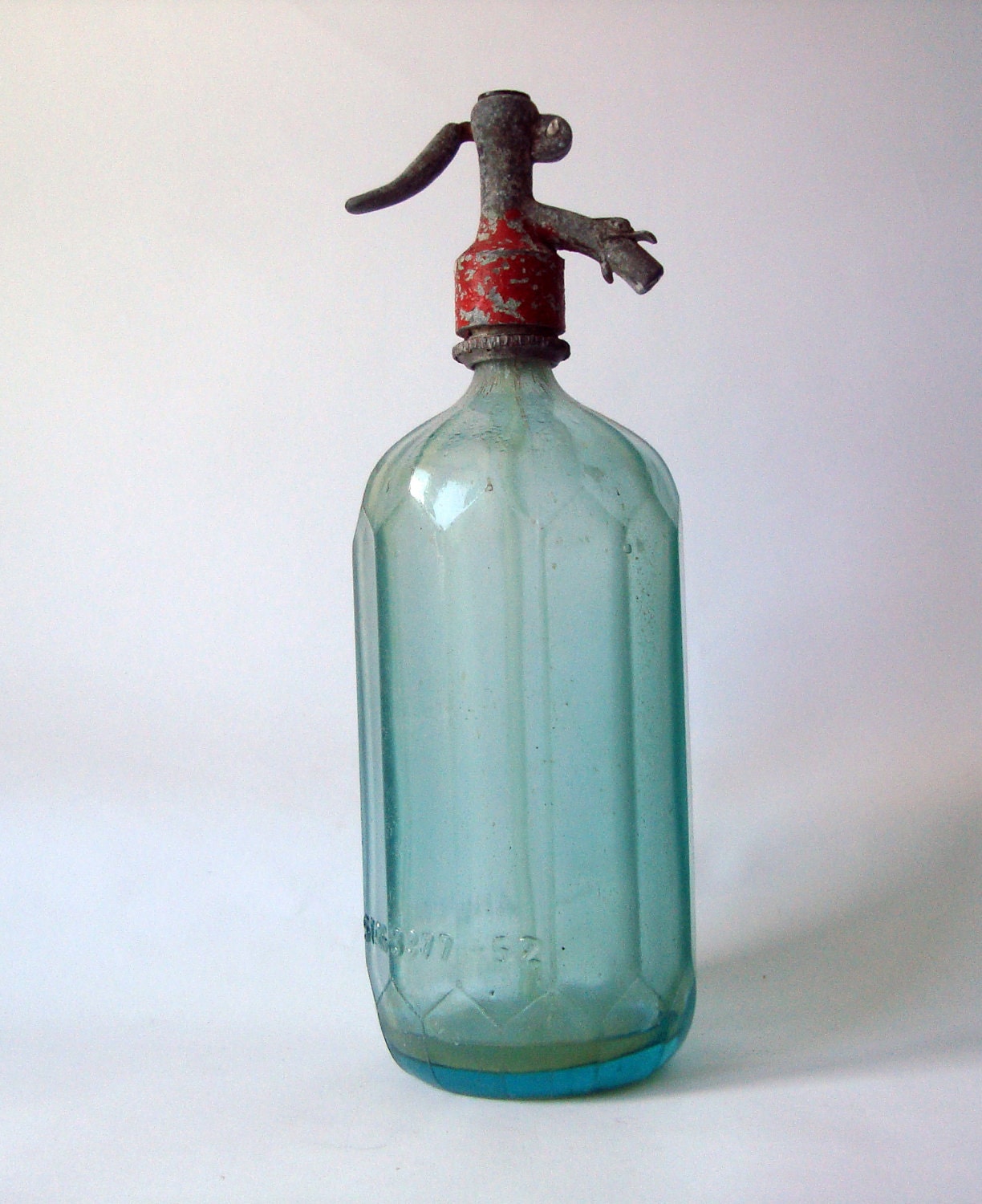 Vintage Light Green Seltzer Bottle - light green Romanian vintage bottle with aluminium top - industrial decor