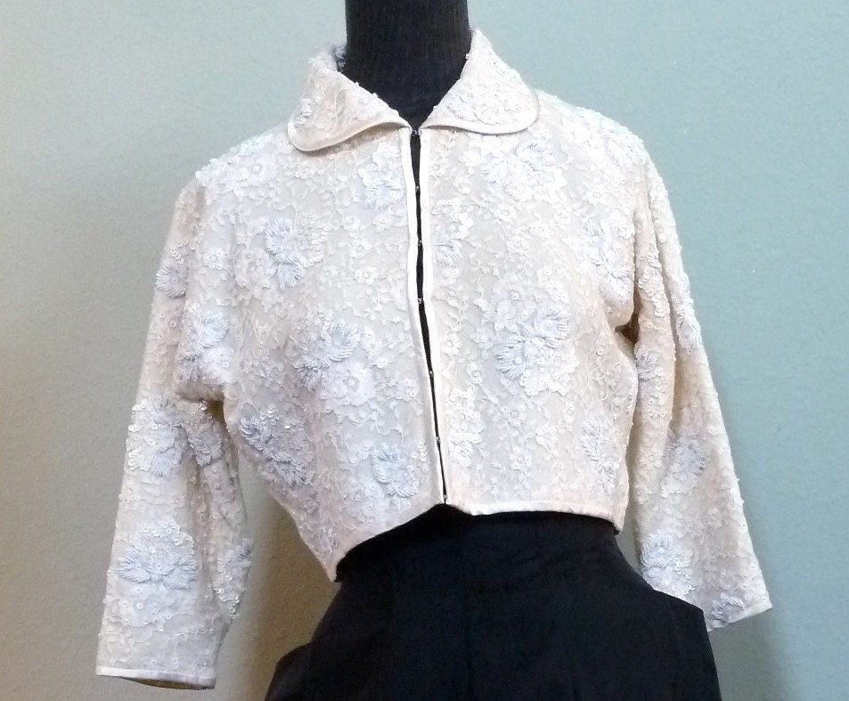 Vintage 50s 60s Beaded Cardigan Bolero Sweater Jacket -- Bridal White / Ivory Lace -- M / 38