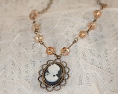 Vintage Cameo Necklace - Vintage Brass Cameo Necklace with honey Czech glass beads