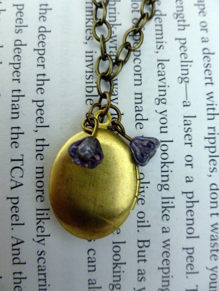 Vintage Inspired necklace Antique Brass Locket with Two Small Czech Purple Flower Beads