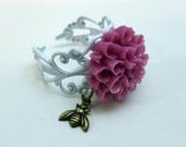 Fuscia / Hot Pink Dahlia Flower With Antique Brass Honey Bee Charm on White Adjustable Filigree Ring
