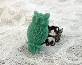 You Choose Color Of Owl, Owl Ring Set On A Gun Metal Filigree Adjustable Ring