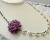 Purple Rose Flower with Swarovski Pearls, Antique Brass Asymmetrical Necklace White Swarovski Peals