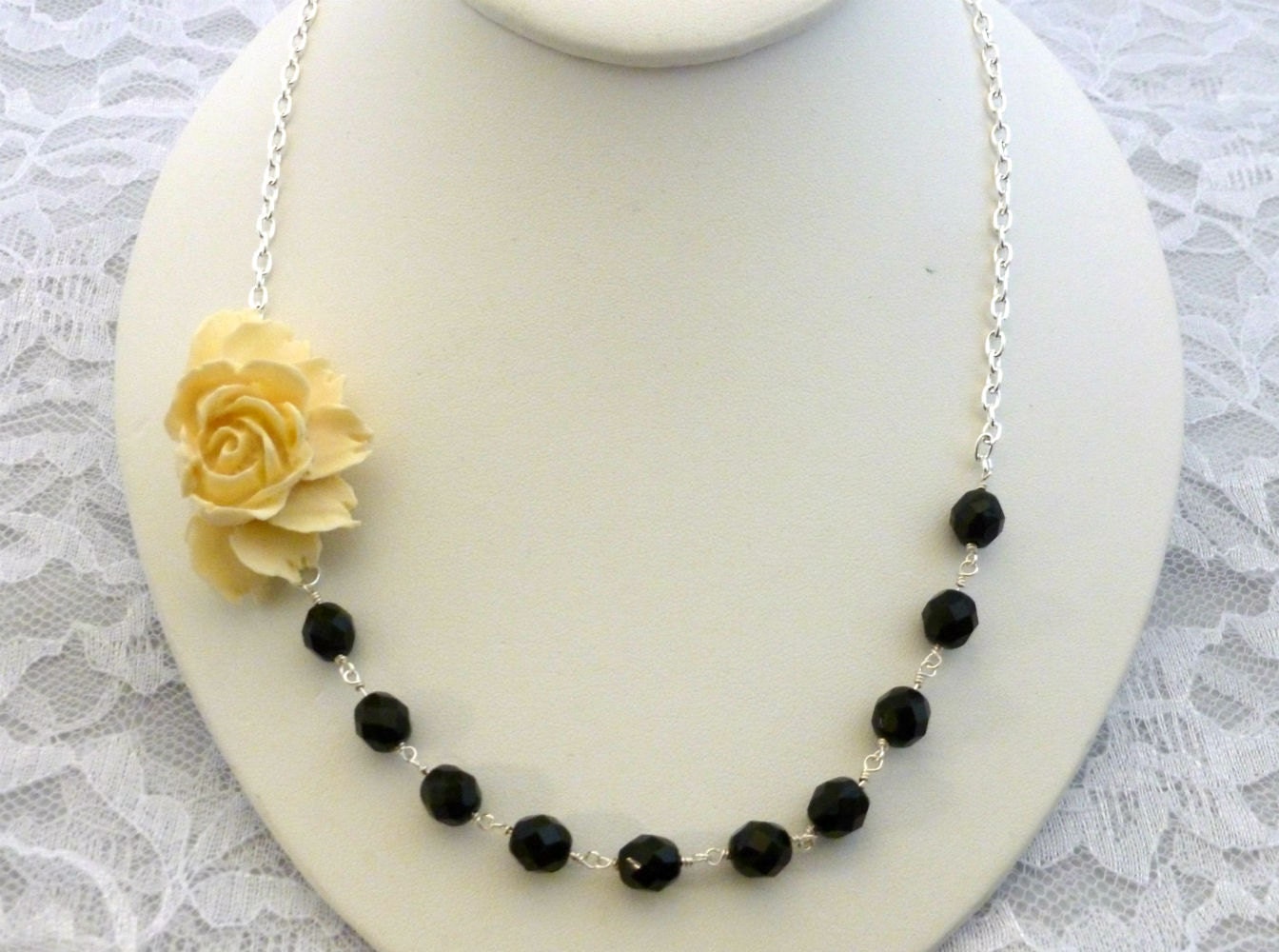 Ivory Cream  Rose Asymmetrical Necklace, Cream Flower Necklace with Black Czech Glass Beads