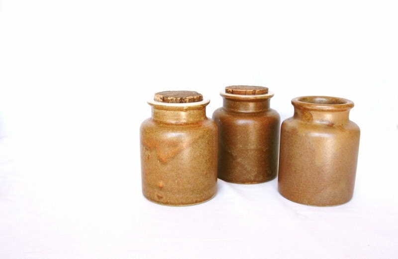 Set of 3 French farmhouse earth tones stoneware crocks, French country kitchen, kitchen canister, mustard pot containers, brown sienna