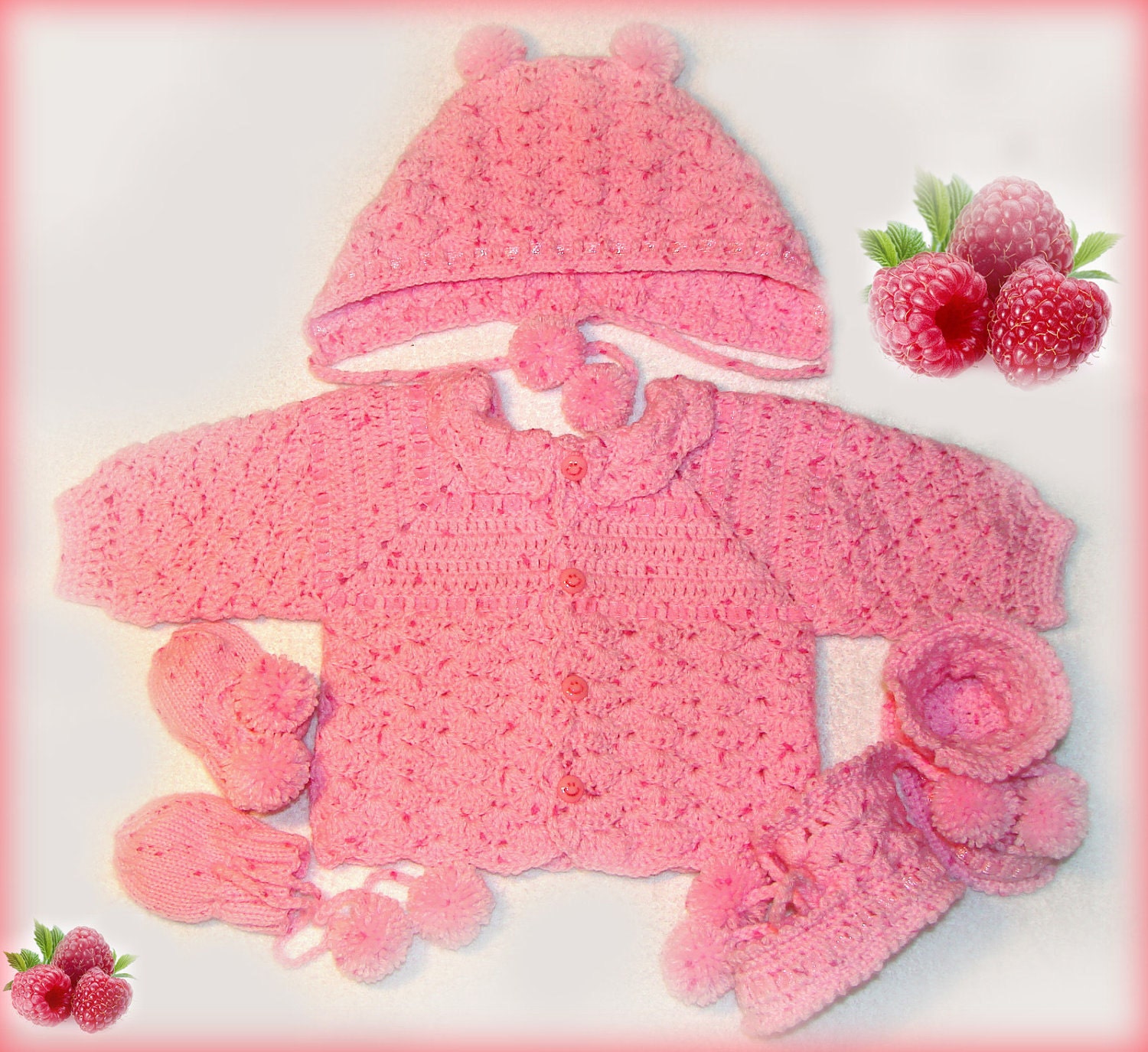 Crochet Baby Girl Layette  Perfect For Baby Shower Gift with pink tubers