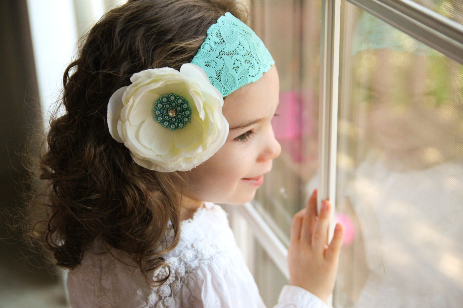 RESERVED Ivory Flower Headband Aqua Flower Headband Baby Headband Toddler Headband Infant Headband Kids Headband Lace Headband
