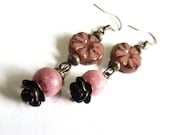 Pale pink dangle earrings bridesmaid earrings with Rose Quartz beads and Czech Picasso beads