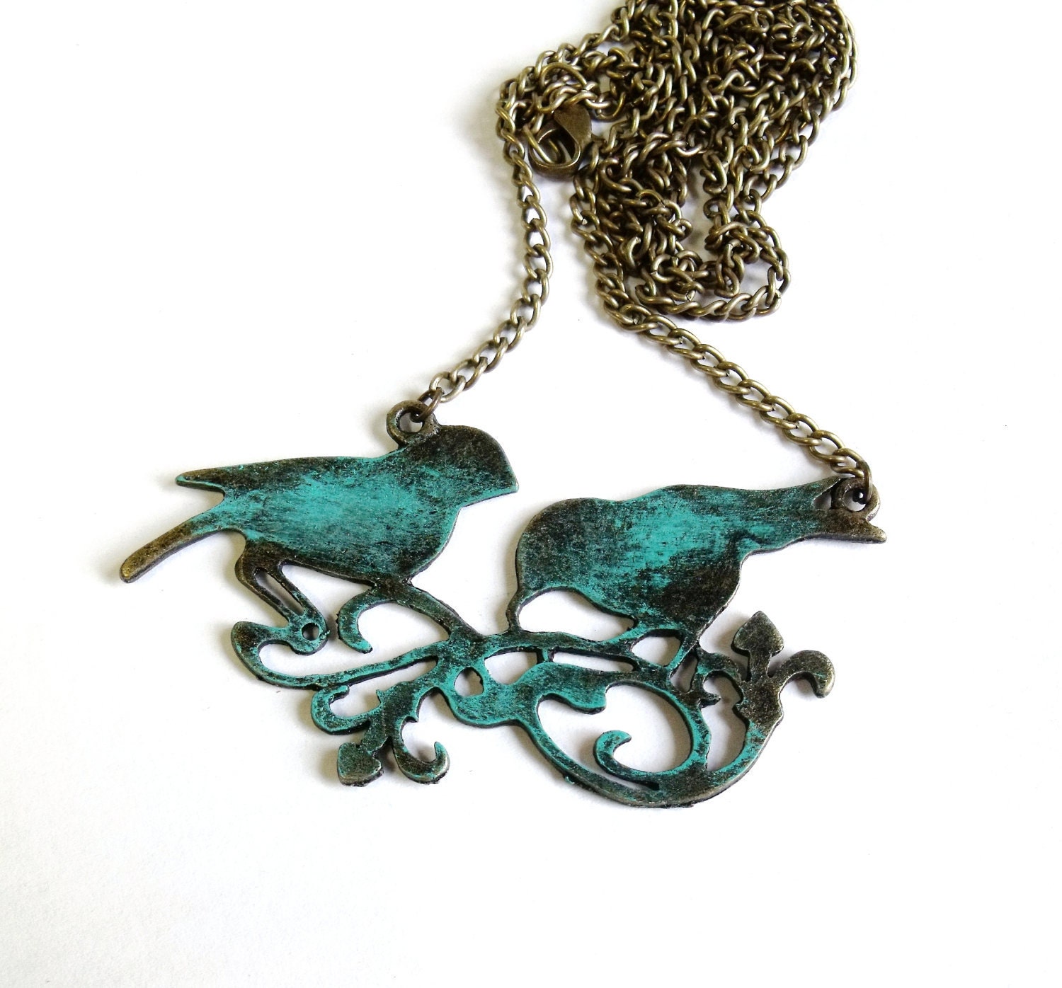 Love birds necklace patina pair birds brass pendant - agatechristina
