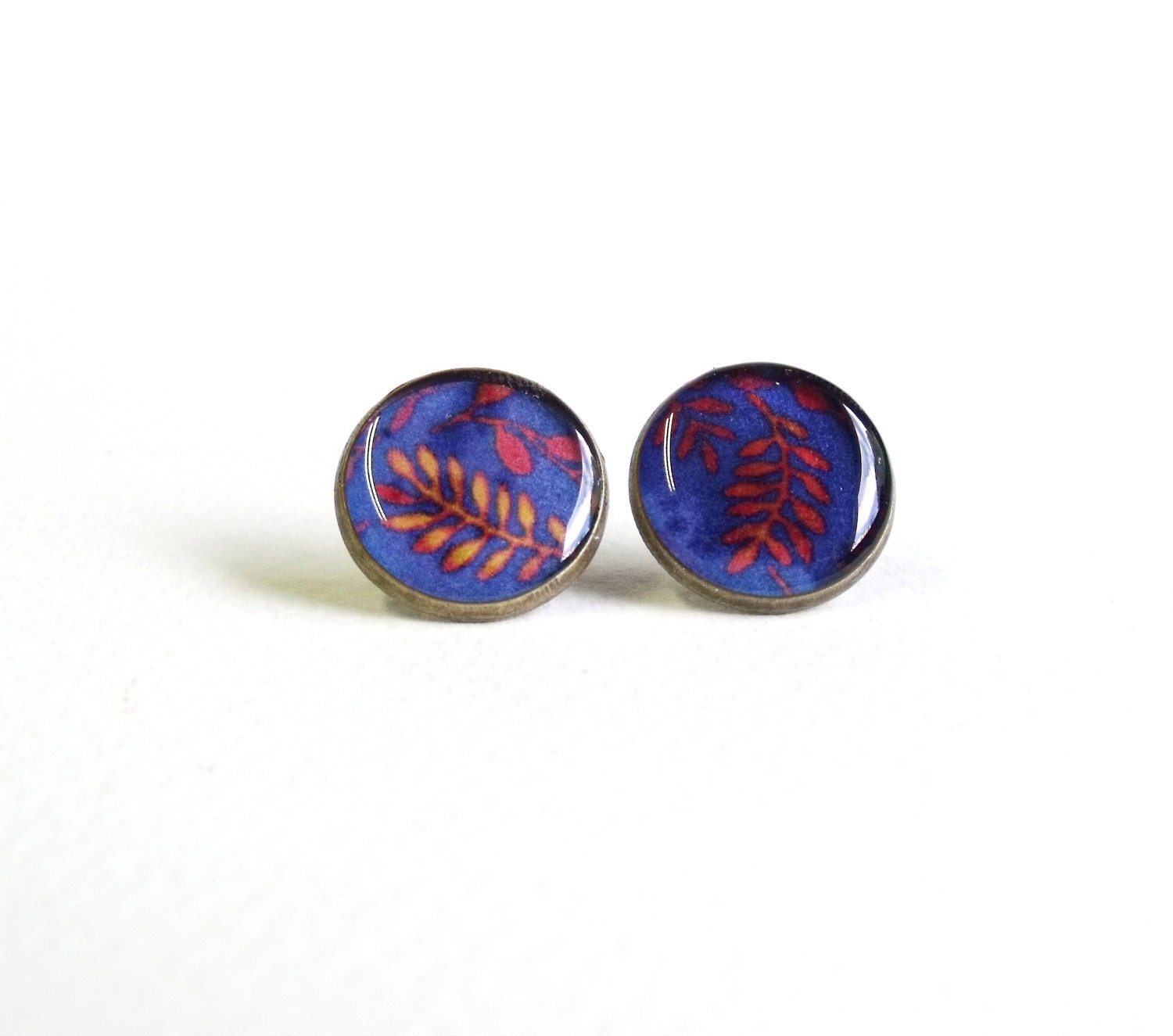 Tropical botanical antique brass earrring studs orange and blue ear post
