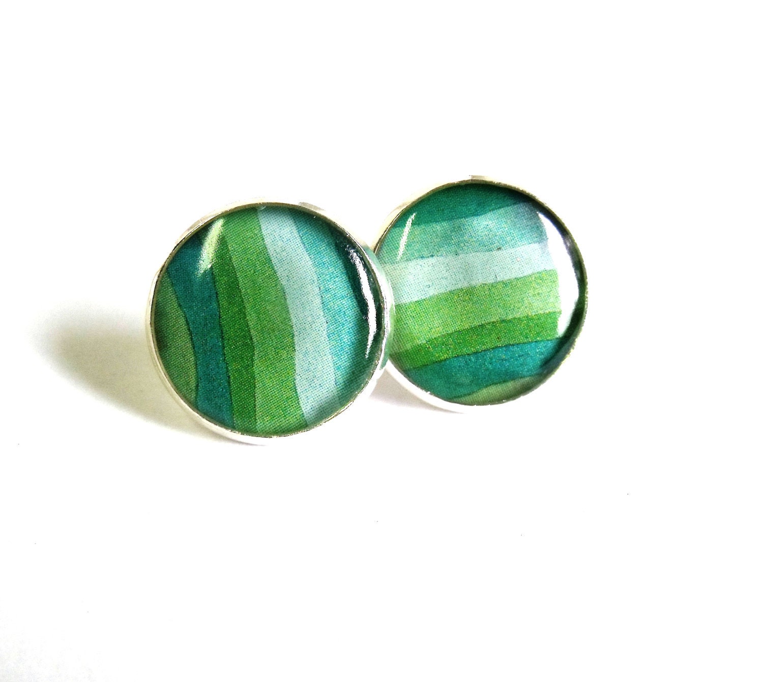 Silver plated green striped earrring studs ear post Green Summer collection earrings