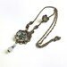 Leather flower necklace Aqua glass beaded antique brass necklace with blue leather flower