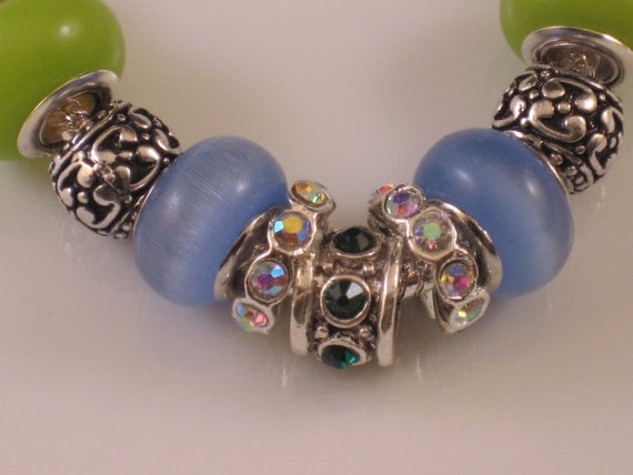 Murano glass beads Green Cats eye Blue Rhinestones Crystal AB Rondelles Pandora style European Charm bracelet (ECB 1007))