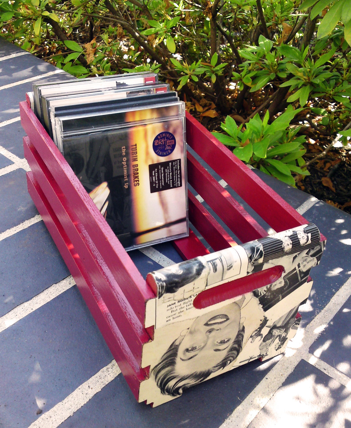 Decoupaged CD / Book Storage Crate With Vintage 1950s Ephemera and Deep Red Accents