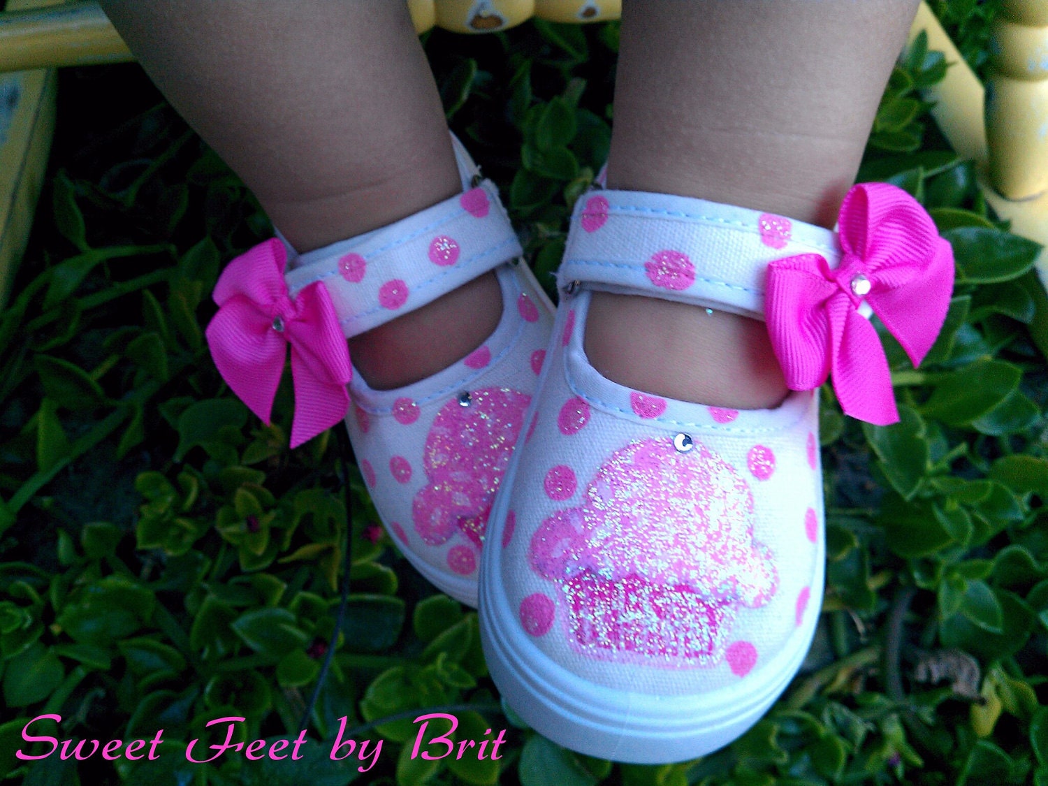 Hand Painted Pink Glitter Cupcake Toddler Shoes with Polka-Dots
