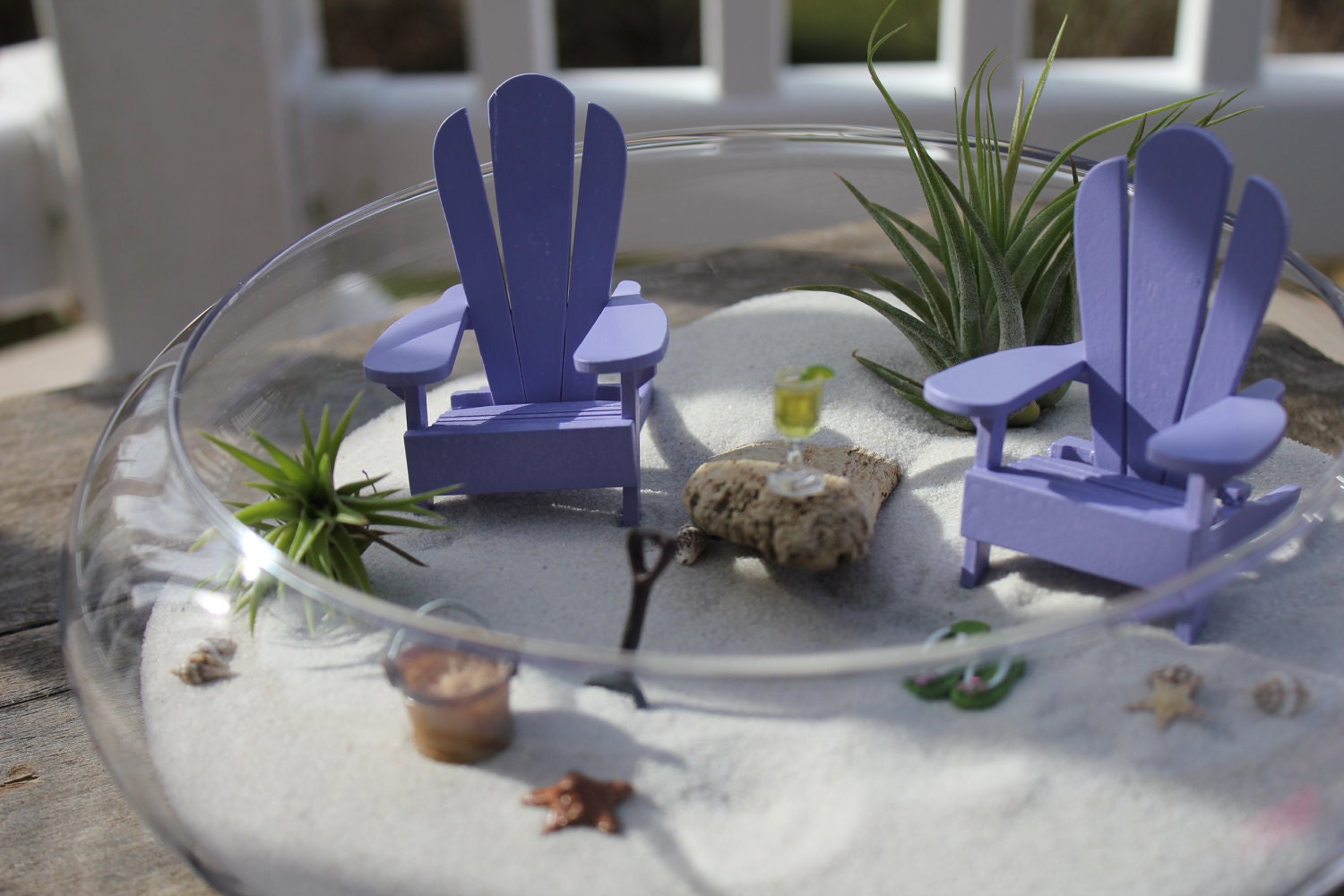 Miniature Beach Vacation with a Tiny Shovel and Sand Bucket - Jimmy Buffett style Adirondack Chairs