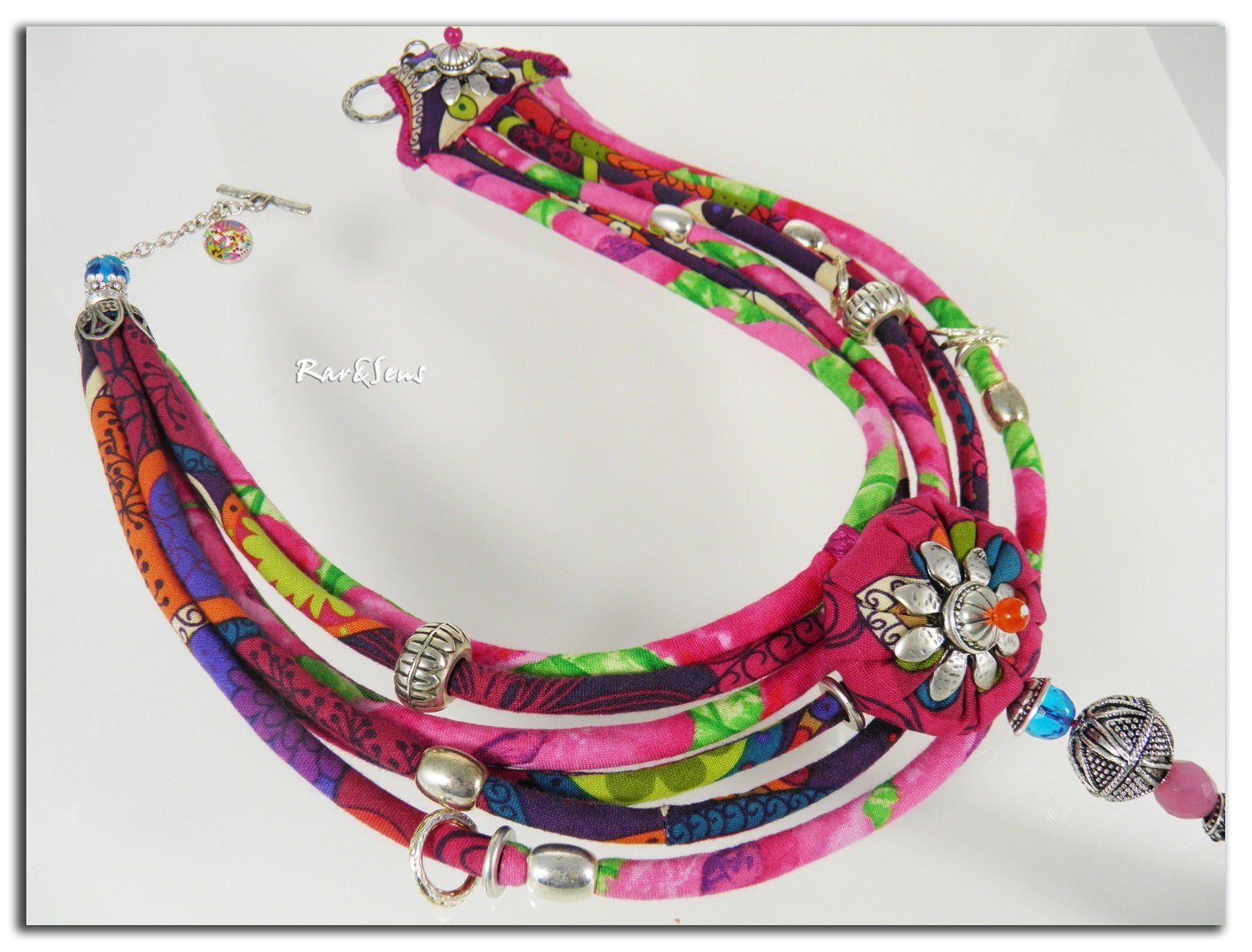 Pink and green necklace, gypsy necklace, multi strand necklace,Necklace "Zoé"- Collier Zoé-Ligne Acidulée