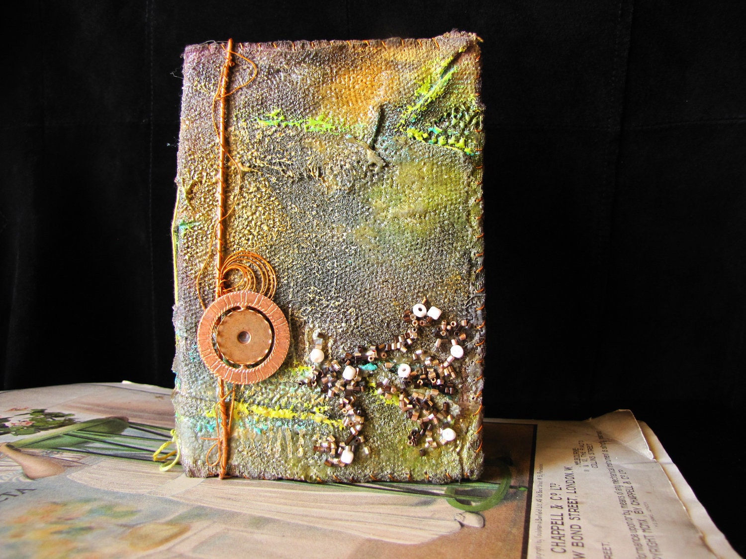 Handmade "Dragon-skin" Journal, sketchbook, notebook, diary, zine in golden-green tones