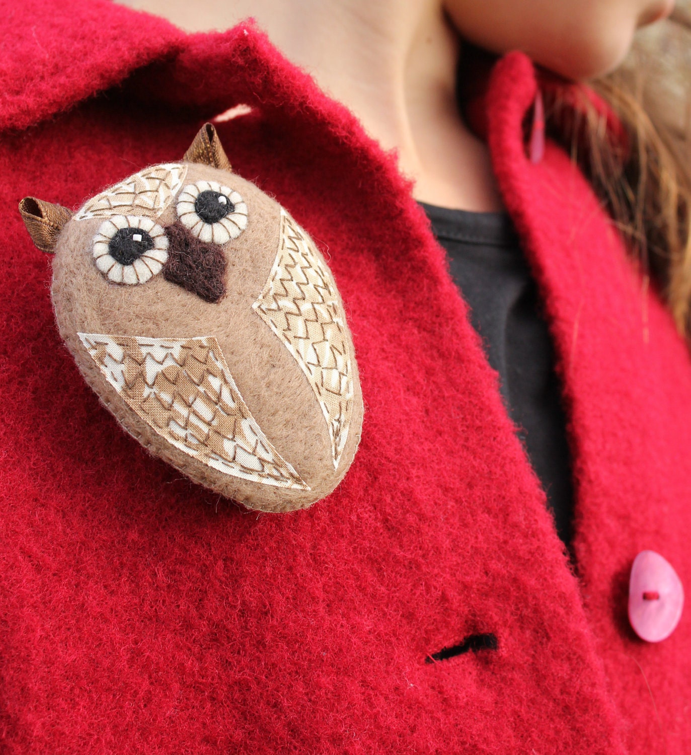 Owl Brooch - Needle felt and applique