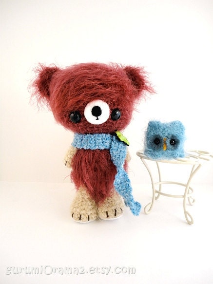 kawaii amigurumi Bear brown fuzzy and blue mini Owl - Ready to Ship