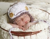 Newborn Aviator Hat, crochet, knit, with optional pom poms, lovely purple hat with wood buttons, baby BOY photography prop, shower gift
