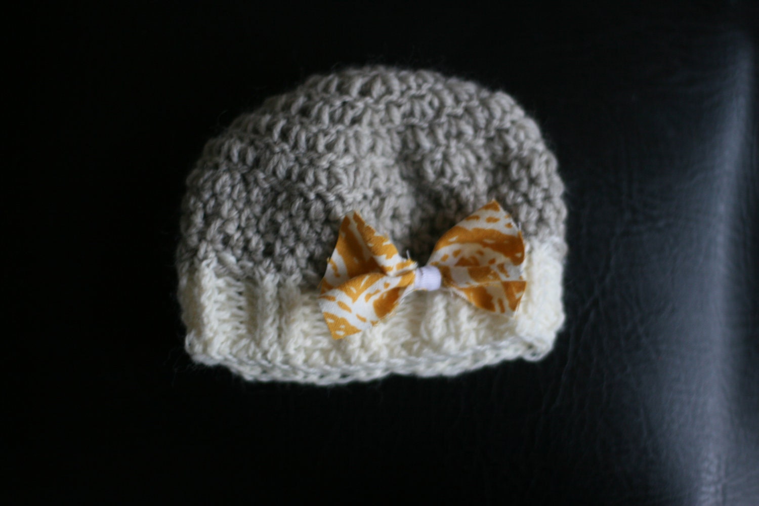 Baby Girl Hat, Bow Beanie,  Photo Prop, Crochet, Knit Grey Yellow, Mustard Baby Girl Infant Shower Gift Light Grey