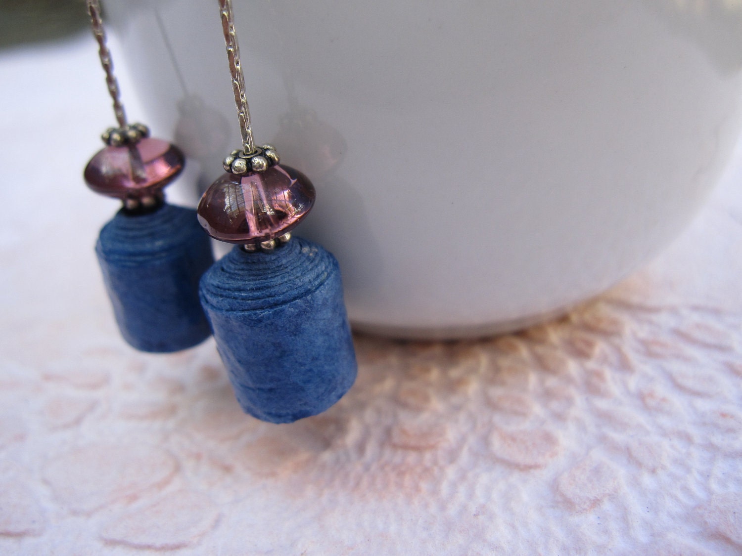 Very pretty blue handmade paper bead dangle pierced earrings