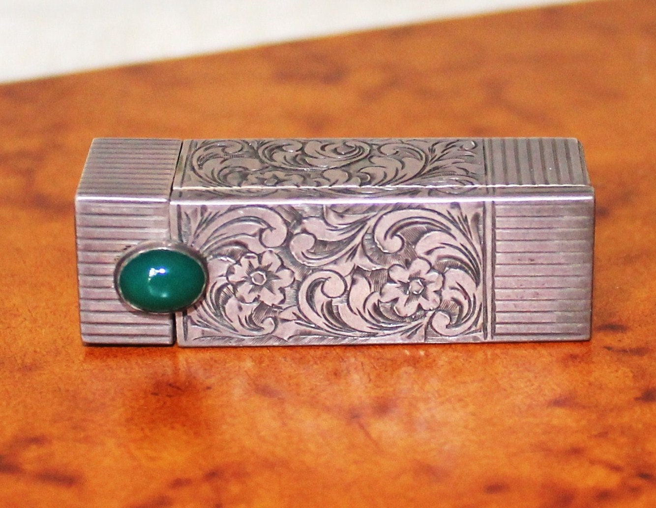 Antique Italian Silver Lip Stick Holder - Green Stone - Vintage - Peruzzi - Florence Italy - Collectibles
