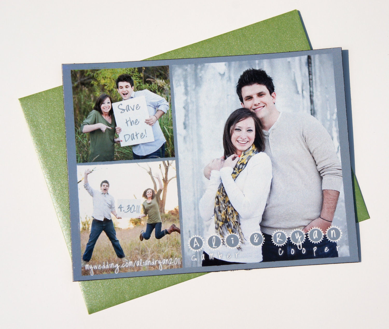 DEPOSIT -- Save the Date Photo Card/Magnet Pewter, Grey and Green Spring Card "Circle Circle Dot Dot"