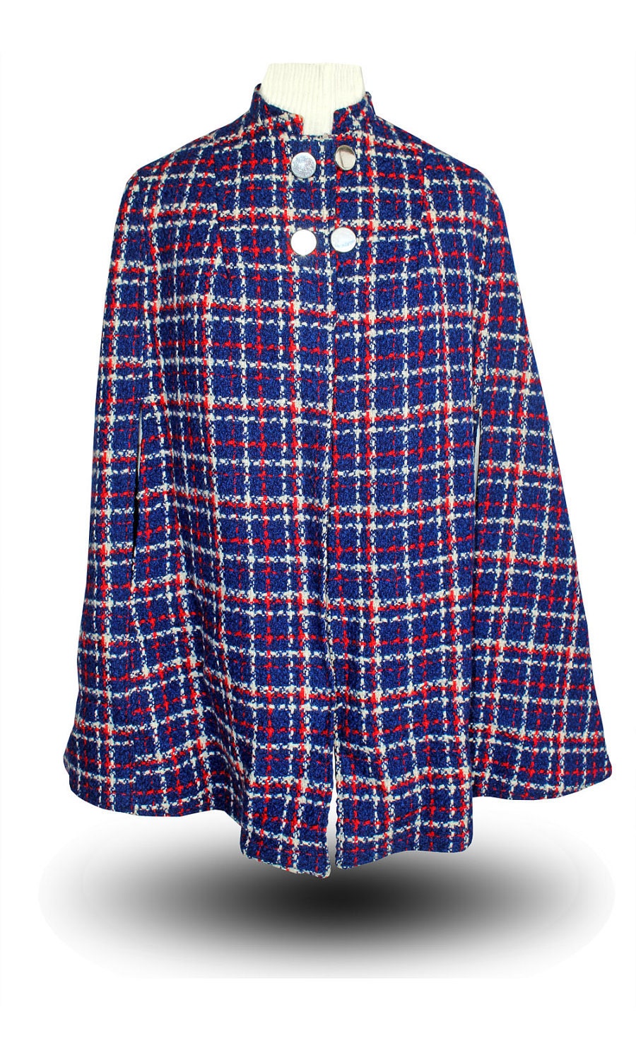 1960's Vintage Cape - Plaid - Blue Red White - I. Magnin