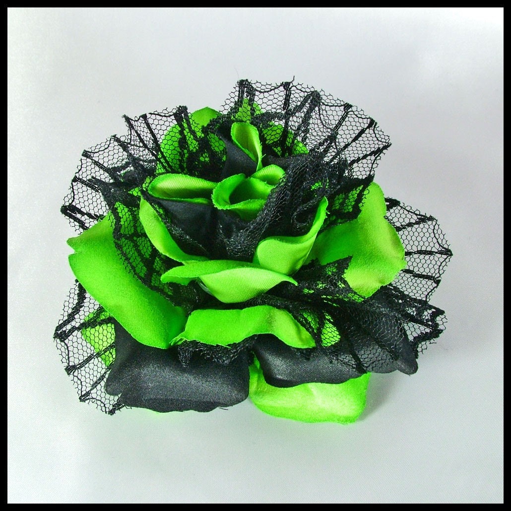 Lime Green & Black Velvet Rose Hair Flower - Spider Web Net Petals