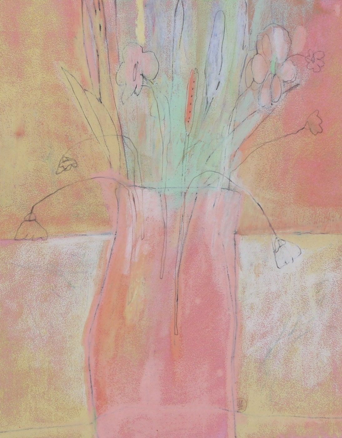 PINK Painting, FRAMED Floral ART, Flowers in a vase, Textured Original Painting, mint green peach art