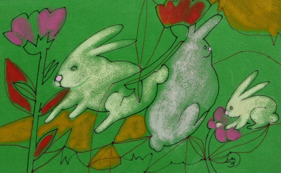 TEXTURED Rabbit Painting - White bunny rabbit - Abstract Oil Pastel Painting - GREEN grass Velvet - Original Ink Drawing