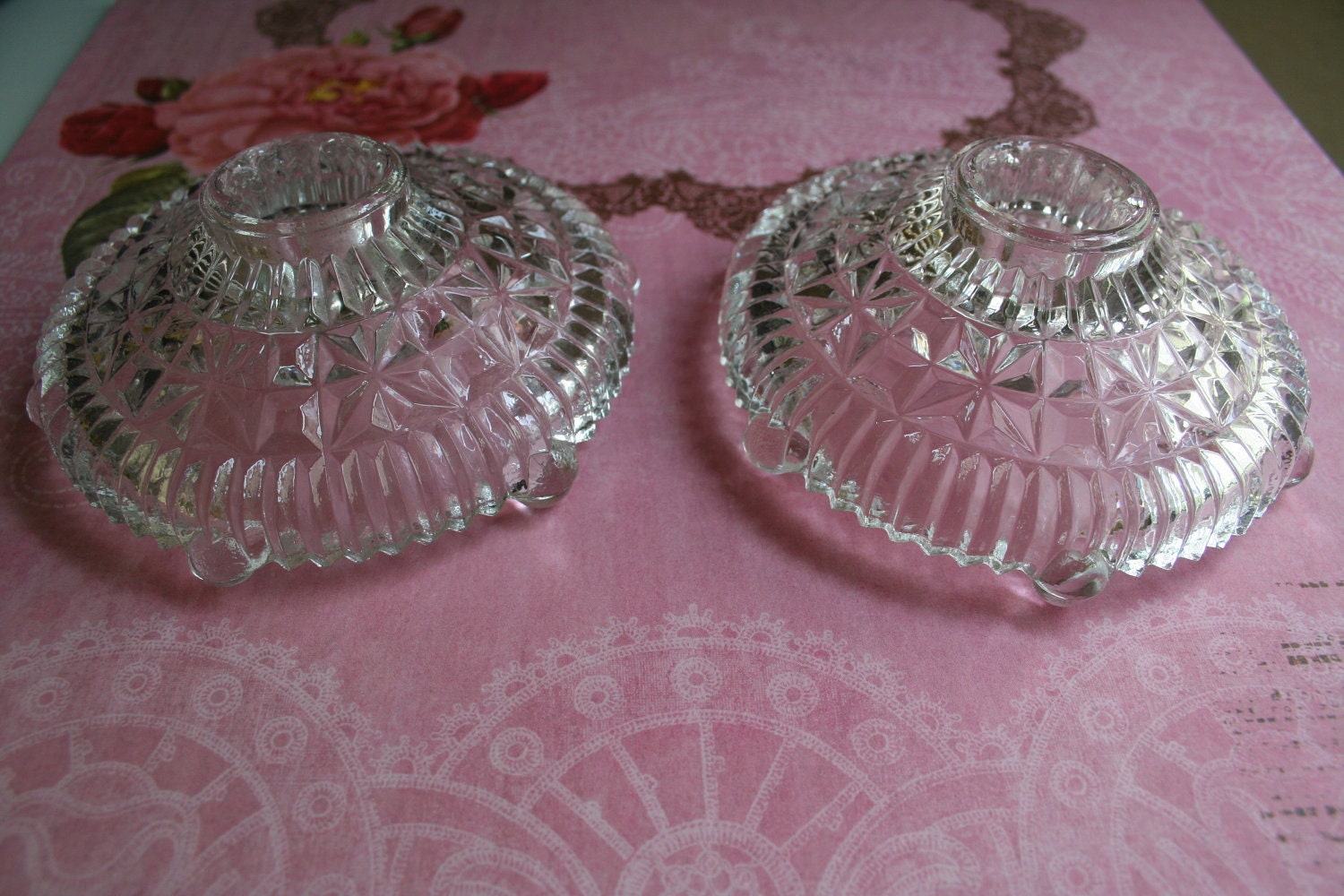 Set of Two Beautiful, Vintage Clear, Cut Glass Candle Stick Holders 1940s, 1950s, Wedding Bridal Gift