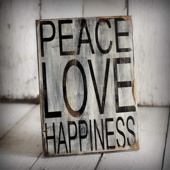 Items similar to PEACE LOVE HAPPINESS Hand painted and distressed