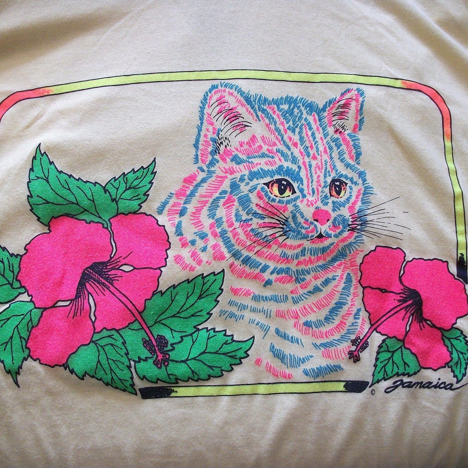 NEON CAT TEE / Vintage Yellow T-Shirt with Neon Cat and Hawaiian Flowers Graphic Unisex (M - L)