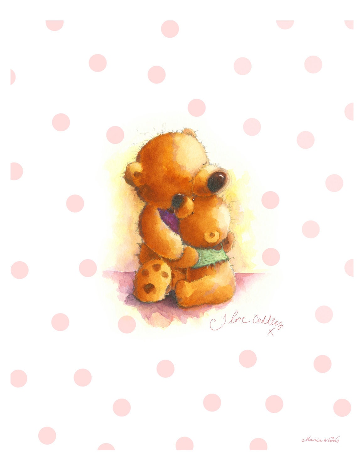 I Love Cuddles. Cute Scruffy Old Teddy Bear and Baby Bear. 8x10"  Art Print for Baby Girl's Nursery or Little Girl's Bedroom
