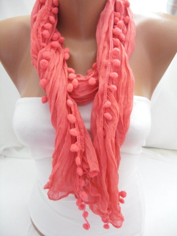 Hot Pink Pompom Shawl/Scarf - Headband Necklace