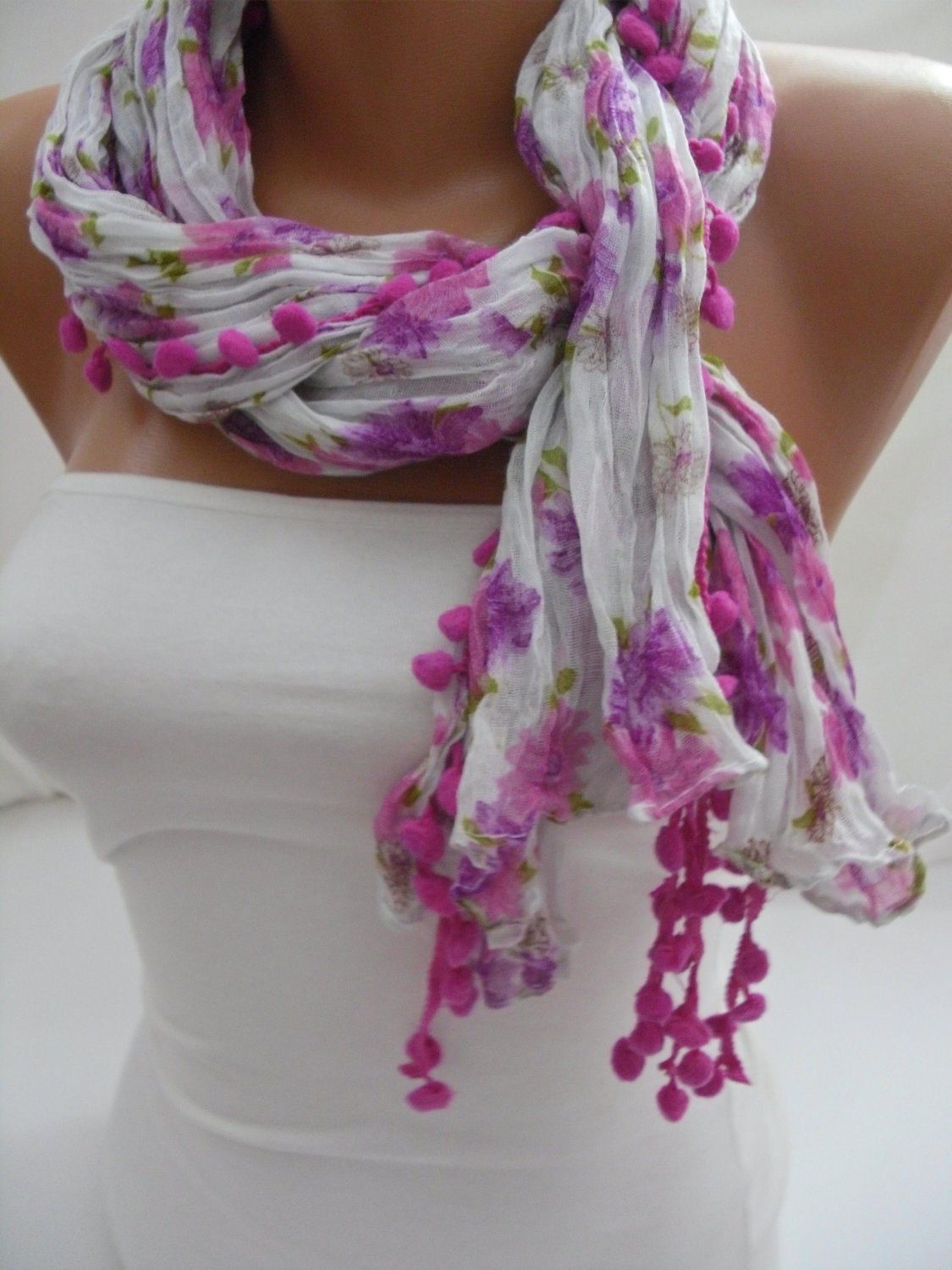 Pink Floral Pompom Shawl/ Scarf - Headband Necklace Cowl- Summer