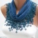 Navy Blue Deep Teal Cotton Shawl/ Scarf Headband - Cowl with Lace Edge - Spring Trends