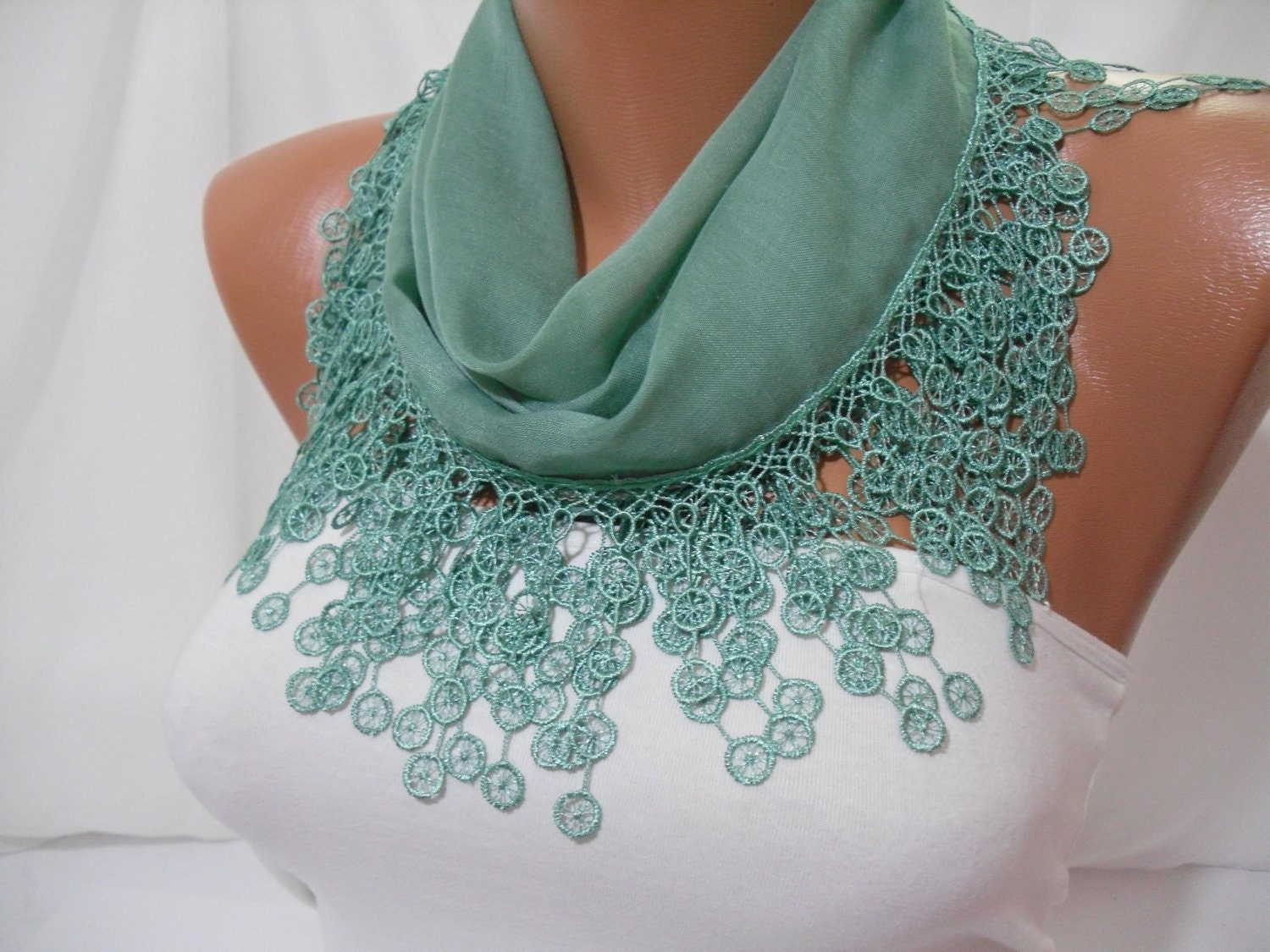 Women Green Cotton Shawl / Scarf - Headband - Cowl with Lace Edge - Spring Summer Trends