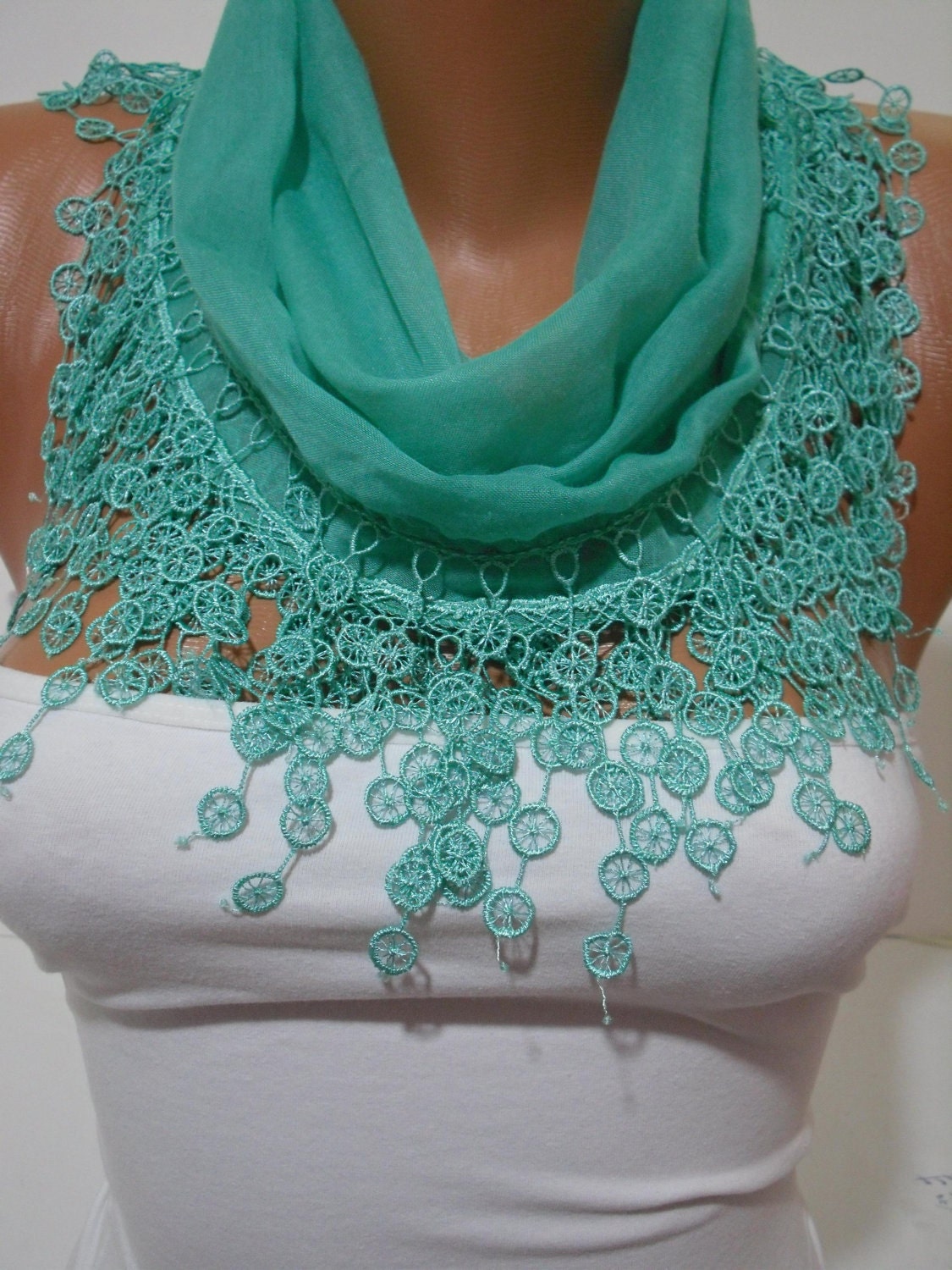 SpringGreen Cotton Shawl/  Scarf -Headband - Cowl with Lace Edge - Spring Summer Trends