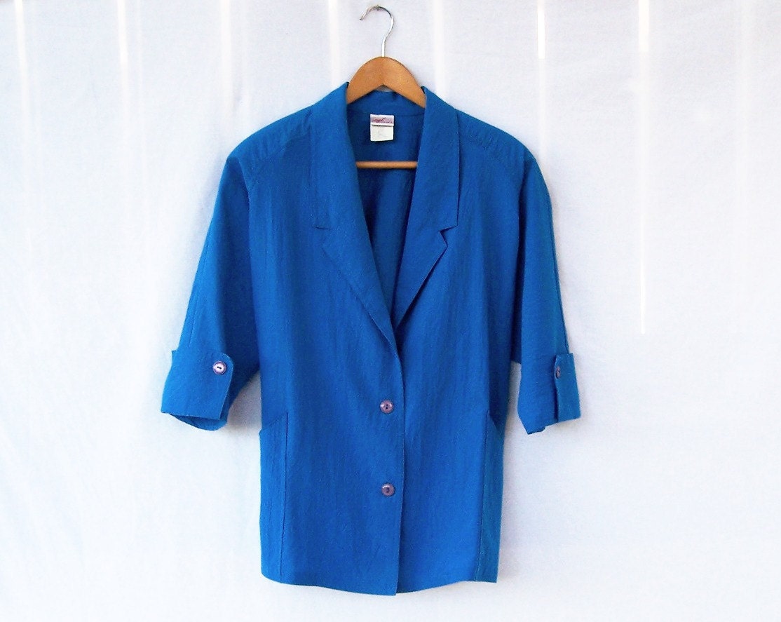Vintage 1980s 1990s teal blue lightweight Club Kid urban blazer jacket shirt top blouse shoulder pads Made in USA