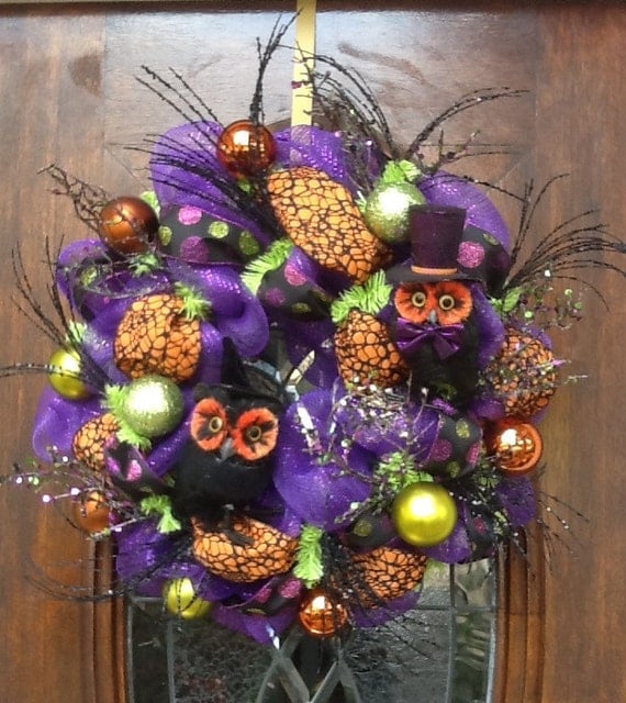 Whimsical His and Her Owl Halloween Wreath