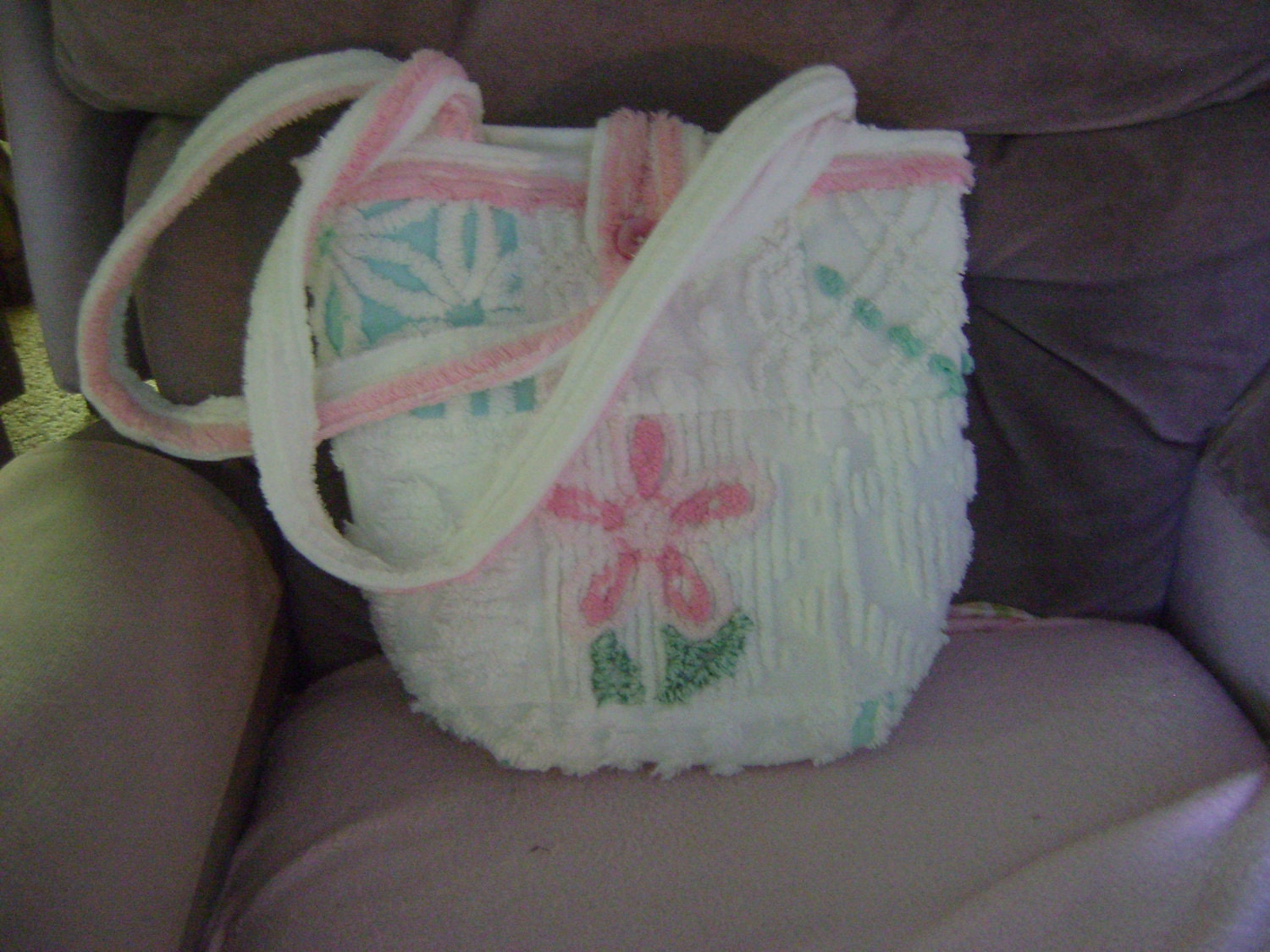 Vintage Chenille Flower Handbag Tote and Button Closure
